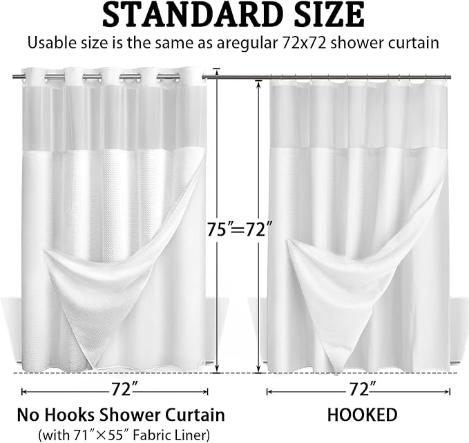White Shower Curtain and Liner Set,230GSM Waffle Weave Textured Heavy Duty Hotel No Hook Shower Curtain 75" L x 72" W - Image 6