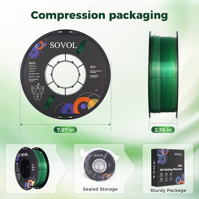 Sovol 3D Printer PETG Filament 1.75mm, Gradient Multicolors Filaments Material, 1kg (2.2lbs), Dimensional Accuracy +/- 0.03 mm, Fit Most FDM Printer, Green - Image 8