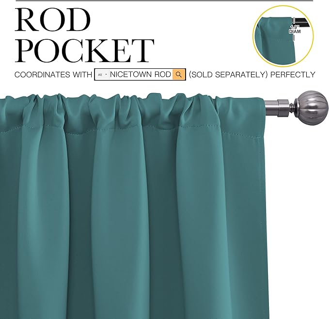 NICETOWN Bedroom Curtains, Three Pass Microfiber Noise Reducing Thermal Insulated Solid Rod Pocket Blackout Window Curtains for Kids Room (Sea Teal, 2 Panels, 34-inch x 63-inch) - Image 3