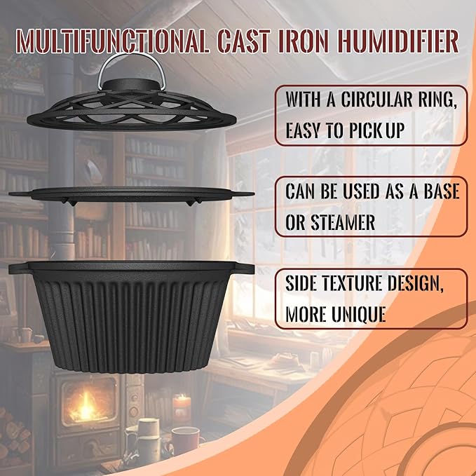 Dual-Layer Wood Stove Steamer/Humidifier + 6.5 Inch Octagon Cast Iron Skillet with Lid – Multi-Functional for Steaming, Frying, Baking & Stove - Image 6