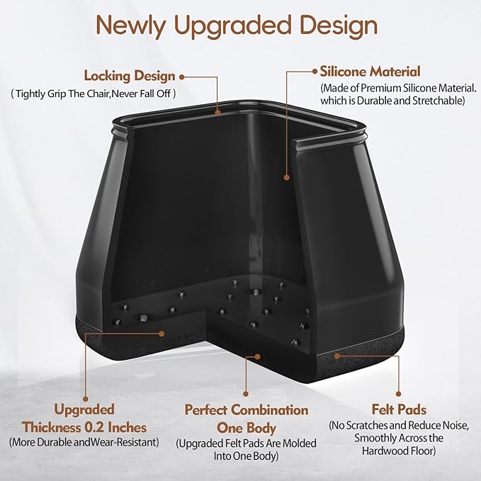 16Pcs Square Chair Leg Floor Protectors with Thickened Felt Pads Silicone Chair Leg Covers Caps to Protect Hardwood Tile Floors Furniture Feet Reduce Noise (Black S Fit 0.87"-1.10") - Image 5