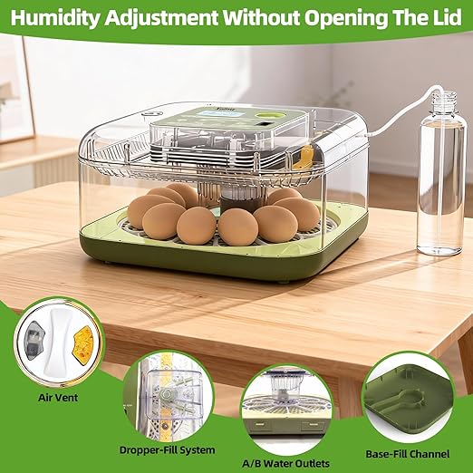 Automatic 12 Egg Incubator - Digital Temperature/Humidity Display, Hatch Day Countdown, Auto Egg Turner & Candler with 360° View for Hatching Chicken, Duck, Quail Eggs - Image 4