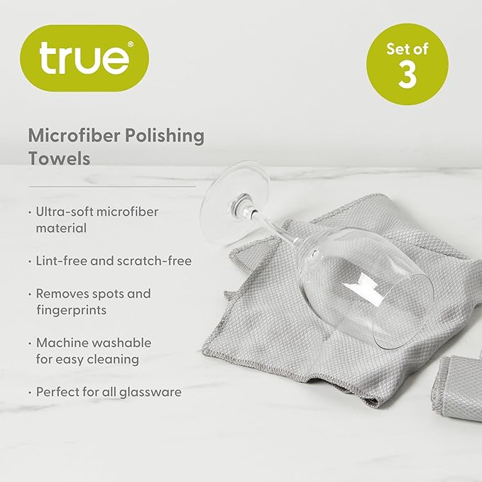 True Microfiber Towels, Wine Glass Polishing Cloths, Streak Free Microfiber Cloth and Lint Free Towels, Grey, Set of 3 - Image 2