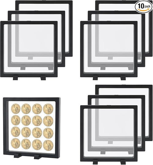 10 Pcs Floating Frame Case with Stands 7x7x0.8 in, Black Challenge Coin Display,Transparent PE Jewelry Storage Box, Floating Display Holder Stands for Antique Challenge Coins Medallion Fossil Specimen by Unknown