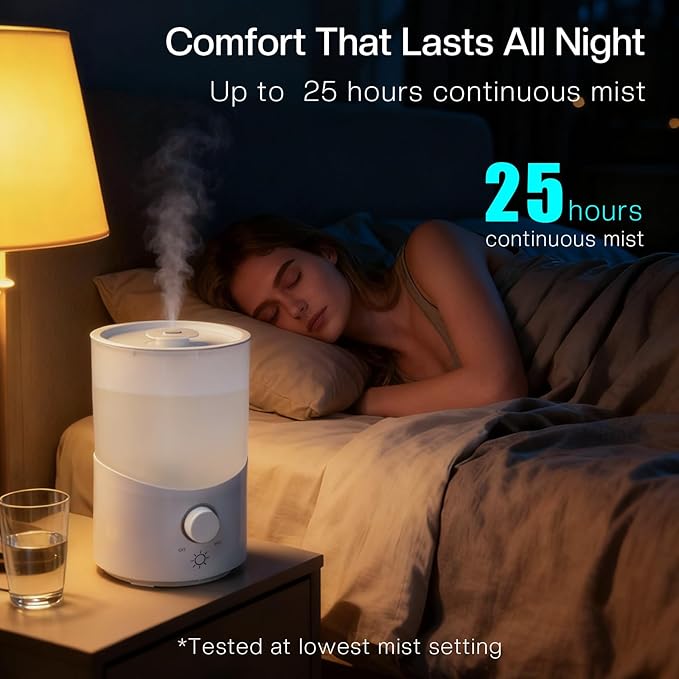 Cool Mist Humidifier for Bedroom, 3L Top Fill Ultrasonic Air Humidifier with Adjustable Knob Control, Quiet Operation, Auto Shut-Off, BPA-Free for Home, Baby, Office, Plants - Image 4