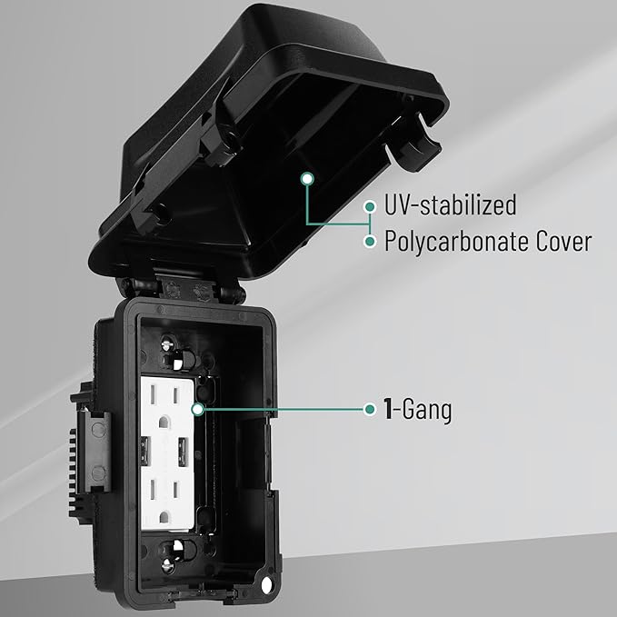 Bates- Outdoor Outlet Cover Weatherproof, Black 1-Gang Outdoor Electrical Outlet Cover Box with Mounting Hardware, Horizontal/Vertical Use - Image 3