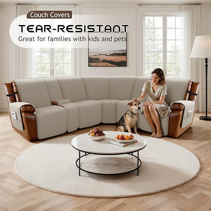 Arfntevss Recliner Sectional Couch Covers for Reclining Sectional L Shape Sofa Cover Non Slip Washable Recliner L Shaped Slipcover Middle Console Protector (1 Console Cover, Light Khaki) - Image 5