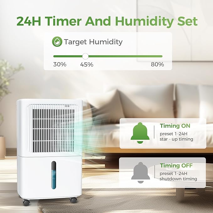 2,500 Sq Ft Home Dehumidifier with Drain Hose, 55 OZ Water Tank, 24 Hr Timer, 34 Pints High Efficiency Compressor for Basement, Bedrooms, Bathrooms and Laundry Rooms - Image 4
