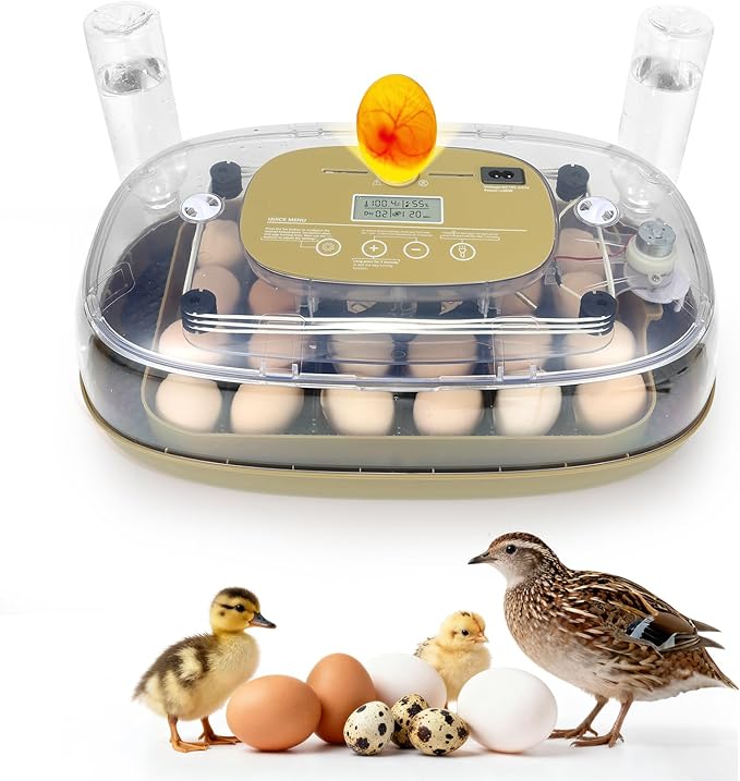Smart 24-Egg Incubator for Hobbyists, Full-Stage Adaptive Humidity (Dual-Bottle) & Temp Control, Custom-Interval Auto Turn & Auto Stop, Preset Incubation Days, Adjustable Egg Spacing by ZEMIROCHARGE
