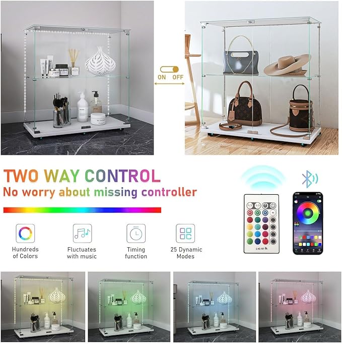 Yoluckea 2-Tier Glass Display Cabinet with Bluetooth LED Light Strip, 2-Door Floor Standing Curio Cabinet with Universal Wheel for Home, White Glass Bookshelf for Collections, Clear Top - Image 3
