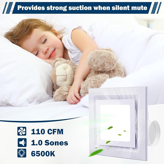 FEITON Square Bathroom Exhaust Fan with LED Light, 110 CFM 30W 4 Inch Duct, 110-220V 1.0 Sones Quiet Bathroom Ventilation Fan Light Combo Ceiling Mount - Image 4