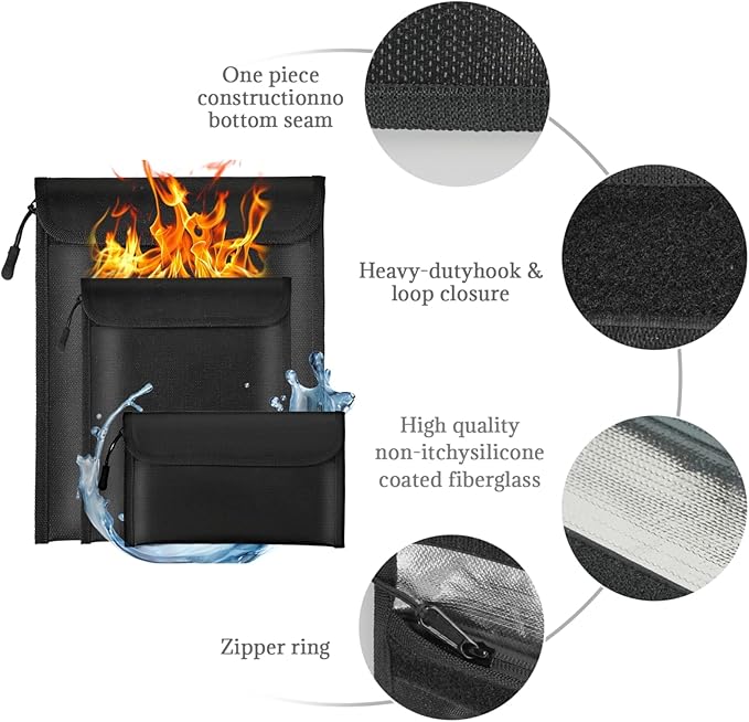 Fireproof Waterproof Document Bag 3-Pack Black 2000℉ Money Bag for Cash Passports ID Cards Social Security Card Protector Waterproof Zipper Pouch Fire Proof Bank Bag Document Holder - Image 3
