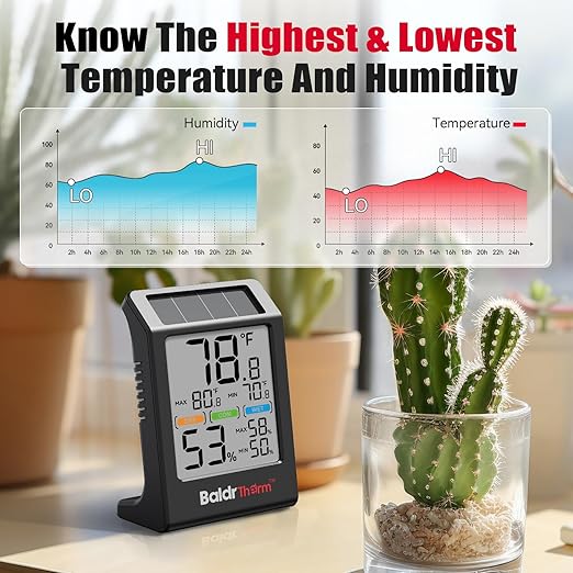 BaldrTherm Room Thermometer Indoor Humidity Meter Solar Powered with Max/Min Memory & Comfort Indicator - 3.2" Large Display for Home, Black, 2Pack - Image 4
