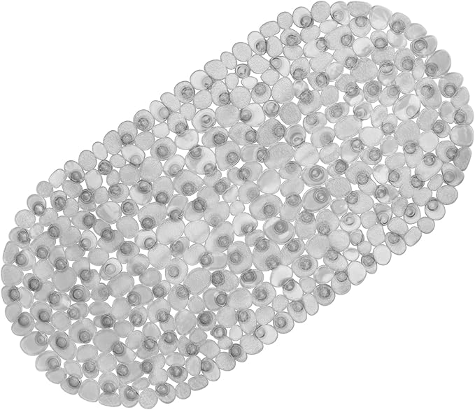 WELTRXE Pebbles Bathtub Mat Non Slip Oval Shower Mat with Suction Cups, Drain Holes, 27 x 14 Inch Plastic Bathroom Tub Mats Machine Washable, BPA, Latex Free Safety Mat for Bath Tub, Clear Gray by WELTRXE