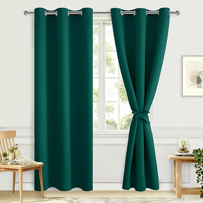 Hiasan Blackout Curtains for Bedroom, 42 x 84 Inches Long - Thermal Insulated & Energy Saving Window Curtains for Living Room, 2 Drape Panels Sewn with Tiebacks, Hunter Green by Hiasan