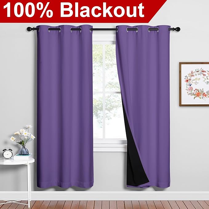 NICETOWN Lilac Purple Full Shade Curtain Panels, Pair of Energy Smart & Noise Blocking Out Blackout Drapes for Dining Room Window, Thermal Insulated Guest Room Lined Window Dressing(42 x 72 inch) - Image 2