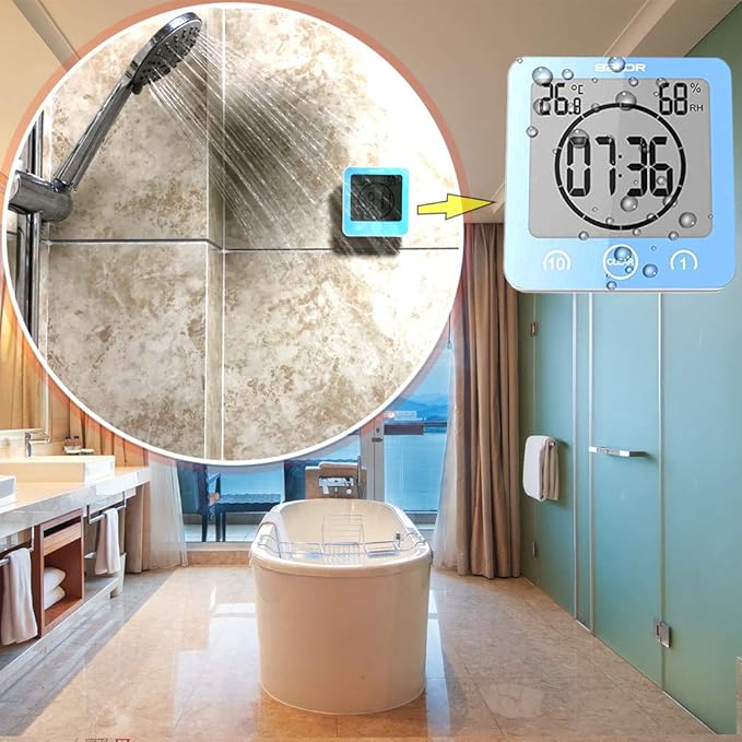 Waterproof Hanging Wall Clock Shower Timer, Large Digital Bathroom Alarm Clock for Kids, Big Visual Kitchen Cooking Countdown Timer, Bath Temperature Humidity Meter Mirror Suction Cup Timer (Blue) - Image 3