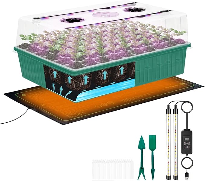 60-Cell Self-Watering Seed Starter Tray with Grow Light, Indoor Seed Starting Kit Trays with Heat Mat, Adjustable Brightness Plant Germination Trays Growing Kit with 4.13" Humidity Dome for Seed Grow by Unknown