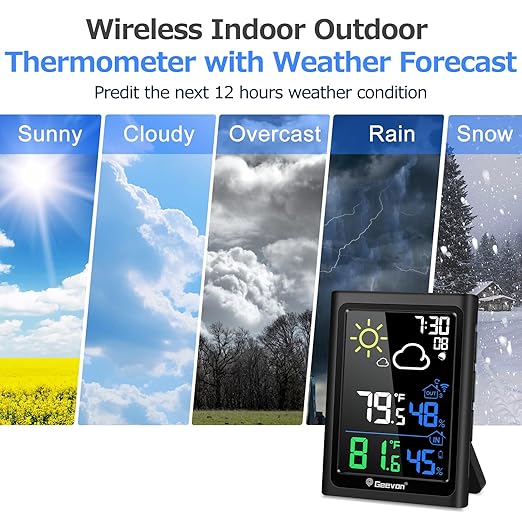 Geevon Indoor Outdoor Thermometer Wireless Weather Station with Color Display, Digital Hygrometer Temperature Humidity Monitor with Alarm Clock and Backlight - Image 9