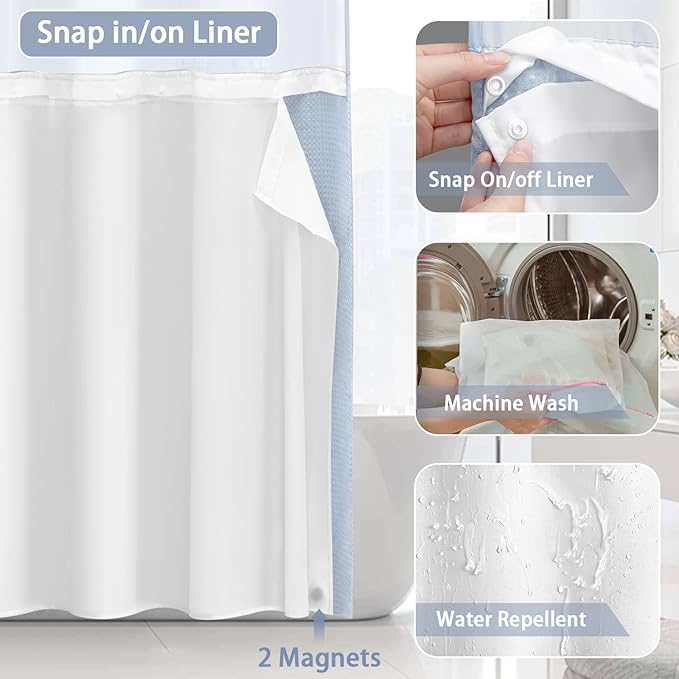 No Hook Shower Curtain and Liner Set,Mist Blue Hotel Waffle Shower Curtain with Liner 75" L x 72" W - Image 4