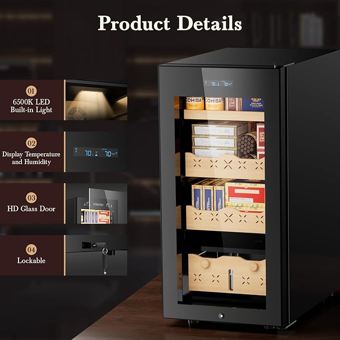 85L Electric Cigar Humidor Cabinet-700 Counts Large Capacity-Intelligent Temperature and Humidity Control-Spanish Cedar Wood Drawer-Digital LED Display-Stainless Steel Lockable Humidor, Gifts for Men - Image 5