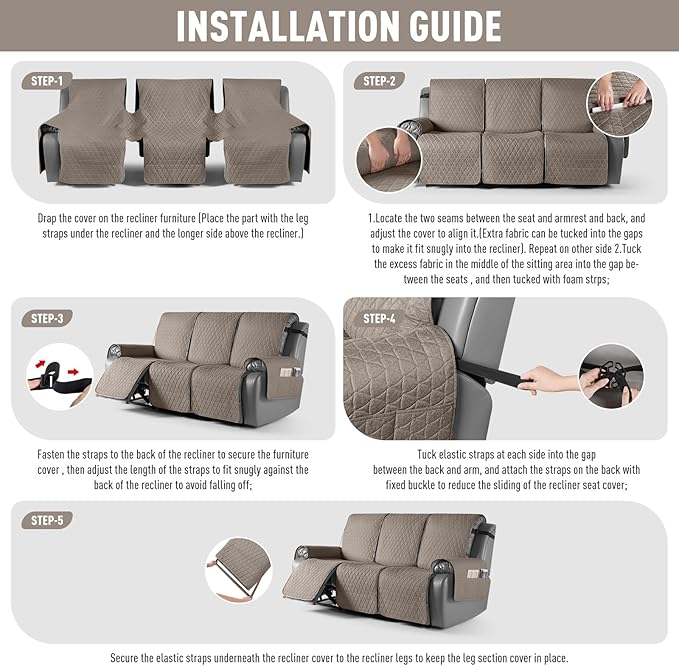 TAOCOCO 100% Waterproof Recliner Cover, Non-Slip Washable Reclining Couch Cover with Elastic Leg Straps, Furniture Protector for Dogs (Taupe, 3 Seater) - Image 7