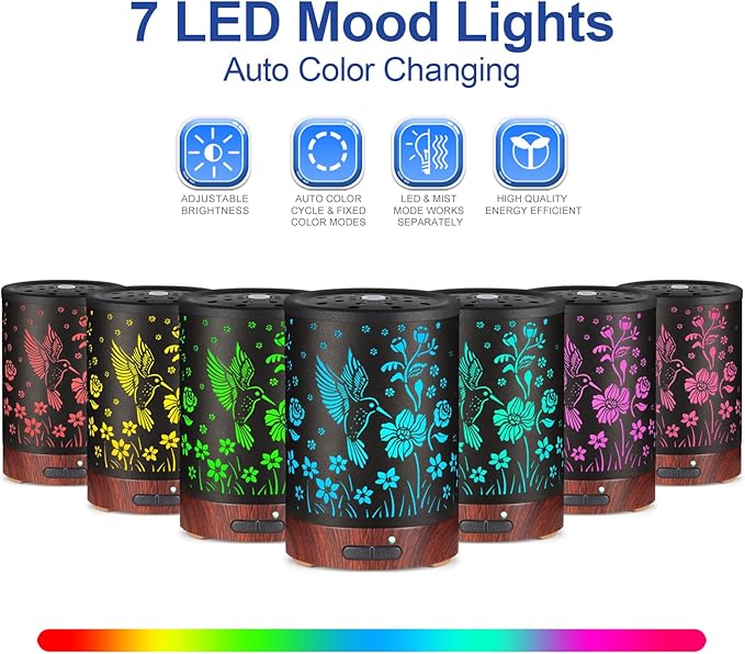 Essential Oil Diffuser- Aromatherapy Diffuser with7 Colors Light and Auto-Off for Women Metal Cool Mist Humidifier for Home and Office for Mom Women（Hummingbird） - Image 2