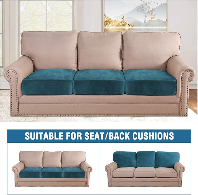 H.VERSAILTEX Velvet Stretch Couch Cushion Cover Plush Cushion Slipcover for Chair Loveseat Sofa Cushion Furniture Protector Seat Cushion Sofa Cover (3 Piece Sofa Cushion Covers, Deep Teal) - Image 3