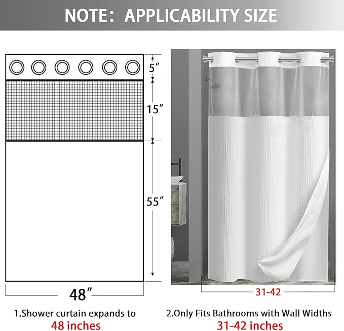 No Hook Shower Curtain and Liner Set,White Hotel Waffle Shower Curtain with Liner 75" L x 48" W - Image 6