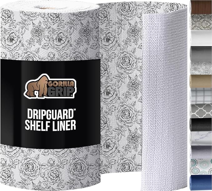 GORILLA GRIP DripGuard Shelf Liner, Non-Adhesive Drawer and Kitchen Cabinet Protector, Strong Grip Slip Resistant Underside, Smooth Surface Liners for Cabinets Bathroom Closets 17.5x120 In Floral Gray by GorillaGrip
