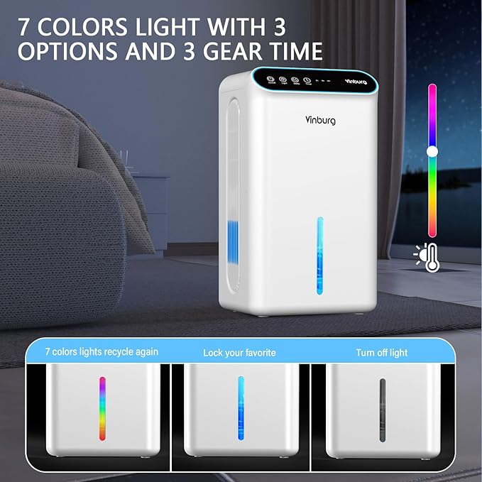 Dehumidifiers for Home 85 OZ Water Tank 800 sq. ft. Dehumidifier for Basement Bathroom Bedroom with Auto Shut Off, 7 Colors LED Light, Dehumidifiers with Sleep Mode, Drain Hose, Timer(Milky White) - Image 6