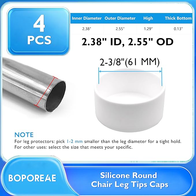 4 Pcs 2-3/8"(61 mm) Round Chair Leg Tips Caps, Silicone Rubber Furniture Leg Floor Protectors, Reduce Noise Folding Metal Chair Leg Cap Replacement for Bar Stool Leg Patio Indoor, White - Image 9