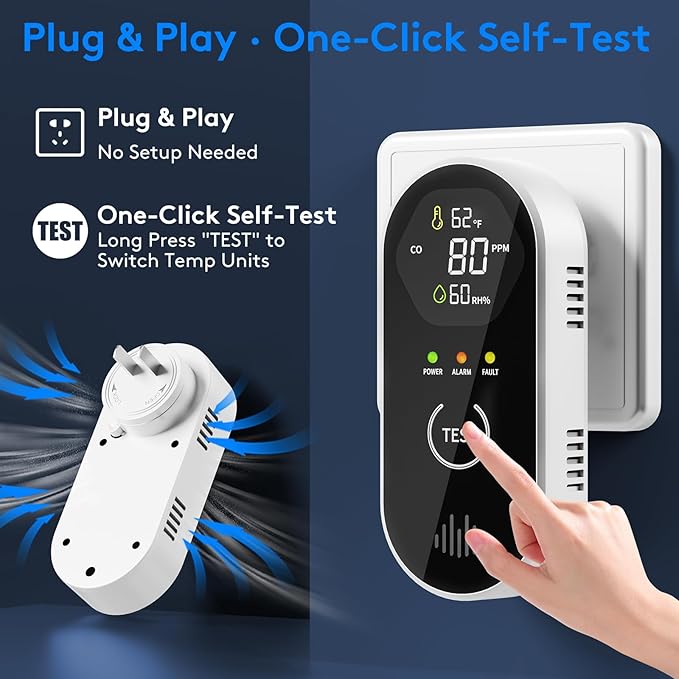 3-in-1 Carbon Monoxide Detectors with Temp & Humid, Plug in, 85dB Audible & Visual CO Alarm, LCD Digital Display, Easy to Install,Test Button, Portable for Bedroom/Office/Camper, Gives Peace of Mind - Image 4