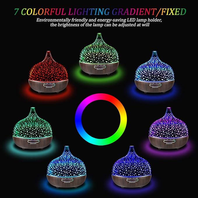 Essential Oil Diffuser 550ml Cool Mist Humidifier 3D Glass Ultrasonic Aromatherapy Humidifier with 7 Color Changing Led Lights, Waterless Auto Shut-Off, Adjustable Timer for Home Bedroom Office - Image 5