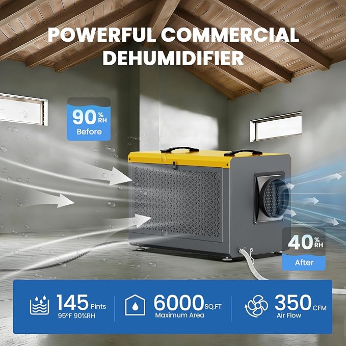 145 Pints Commercial Dehumidifier with Pump & Drain Hose for Crawl Spaces, Basement, Industry Water Damage Unit, Up to 6000 Sq Ft, Automatic Defrost, Adjustable Humidity Control, Compact, Portable - Image 2