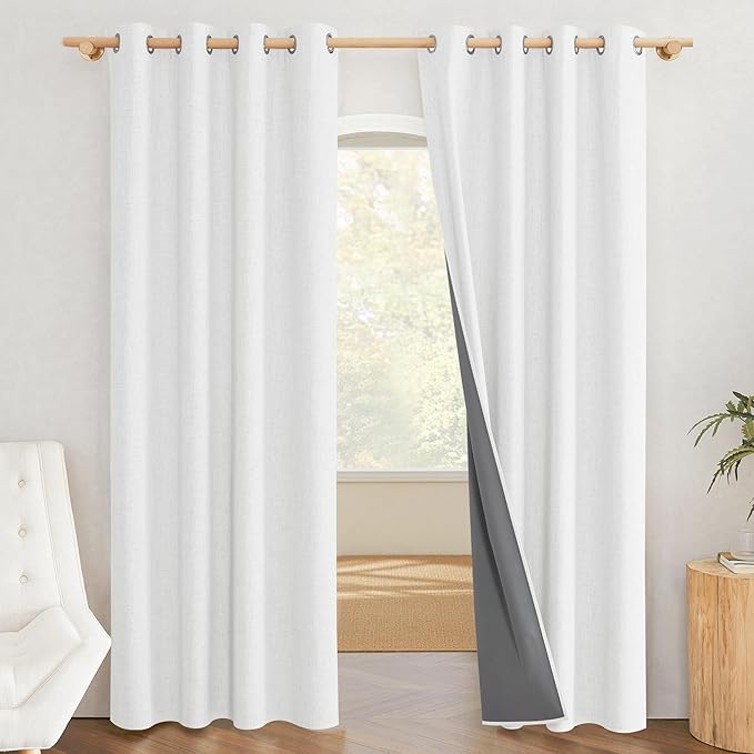 NICETOWN 100% Absolutely Blackout Linen Curtains with Thermal Insulated Grey Liner, Greyish White, 52 inches Wide, 84 inches Length Energy Saving Curtains for Living Room 2 Panels Set, Vertical Blinds by NICETOWN