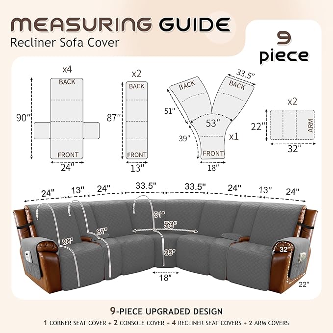 Arfntevss Waterproof Recliner Sectional Couch Covers for Reclining L Shape Sofa Cover Non Slip Washable L Shaped Slipcover Sets for Dog Furniture Protector (5 Seat with 2 Console Cover, Dark Gray) - Image 5