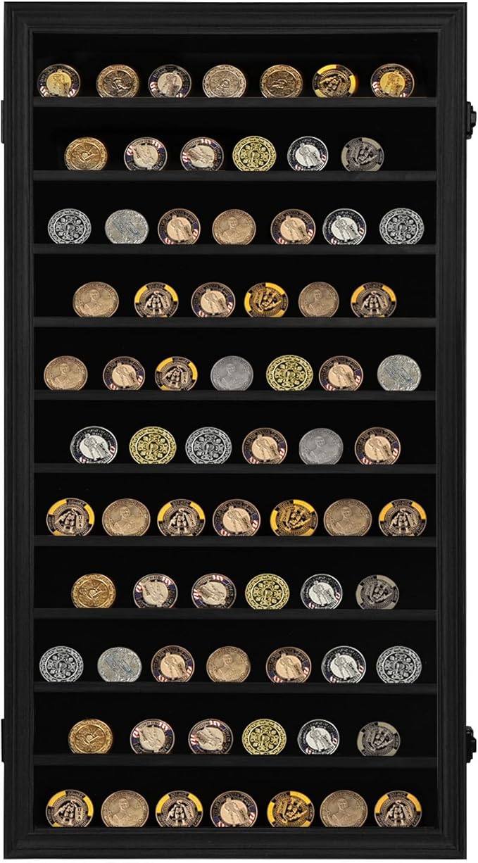 Jinchuan Military Challenge Coin Display Case Lockable Cabinet Holder Shadow Box with Removable 2 Grooves Shelves and Anti Fade Acrylic Glass for Casino Poker Chips Collectibles, Extra Large - Black - Image 8