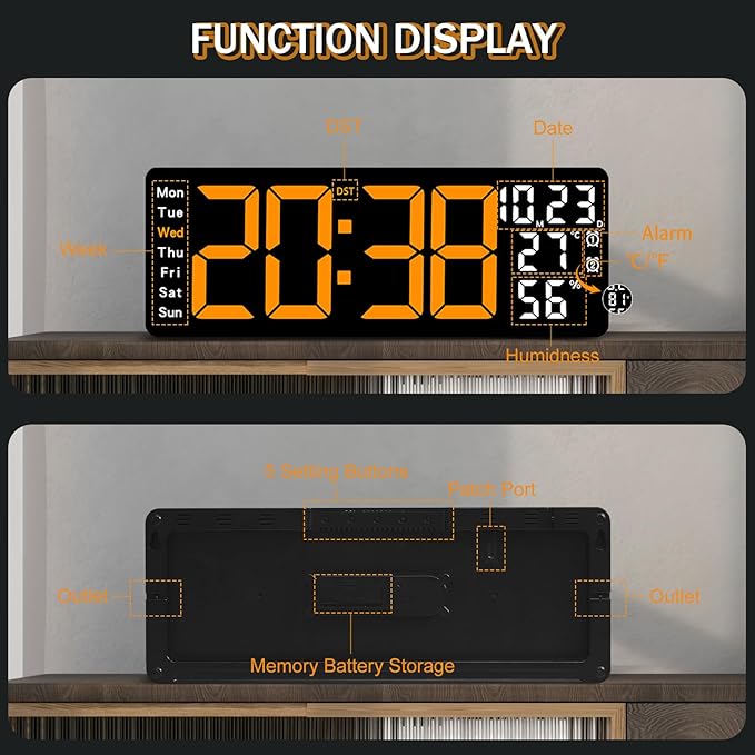 JoFomp 17.3" Large Digital Wall Clock, LED Digital Clock Large Display with Remote Control, Alarm Clock with Temp/DST/Dimmer/Humidity/Timer/Ambient Light - 12/24H, Alarm Wall Clock for Bedroom - Image 8