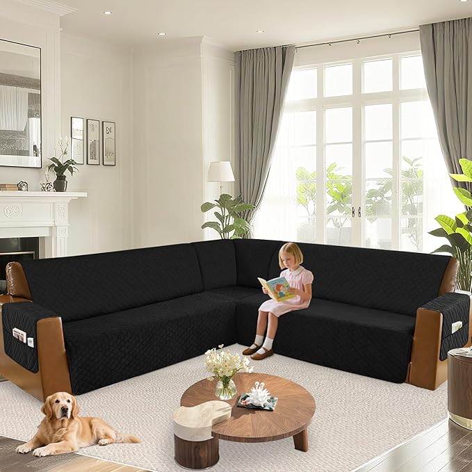 Arfntevss Waterproof Sectional Couch Covers L Shape Washable Velvet Sofa Cover for Sectional Non Slip Large Corner Slipcovers Dog 6 Pcs Universal U Shaped Furniture Protector (Black, Large) - Image 6