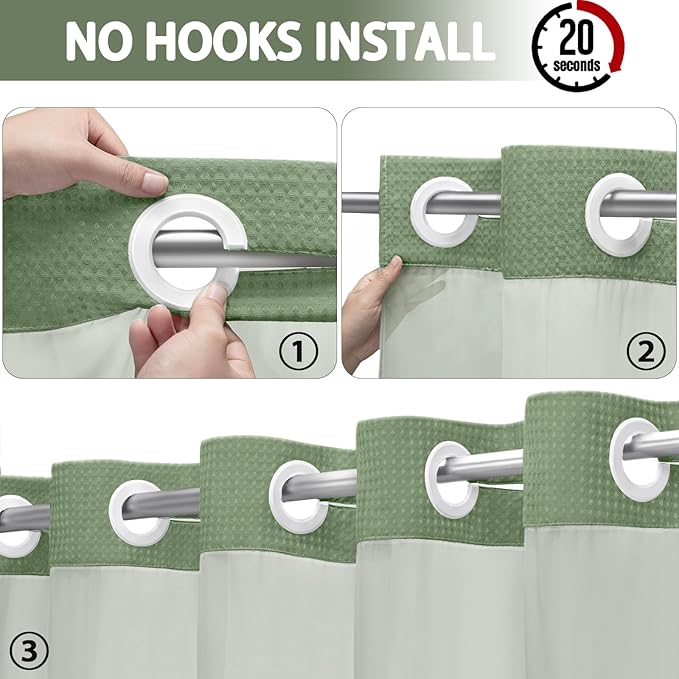 No Hook Shower Curtain and Liner Set,Green Hotel Waffle Shower Curtain with Liner 75" L x 72" W - Image 2