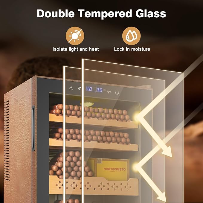 Electric Cooler Cabinet 70L with Temperature and Humidity Control, Leather Finish, Spanish Cedar Wood Shelves and Safety Lock (500 Counts Capacity), Gift for Men - Image 8