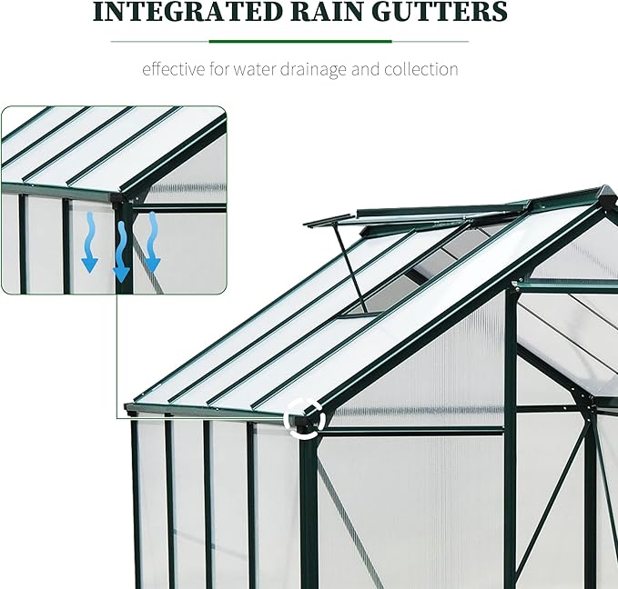 Outsunny 6' x 8' Greenhouse for Outdoors, Polycarbonate Greenhouse with Rain Gutter and Roof Vent, Aluminum Walk-in Green Houses for Outside for Patio Backyard Garden, Dark Green - Image 6