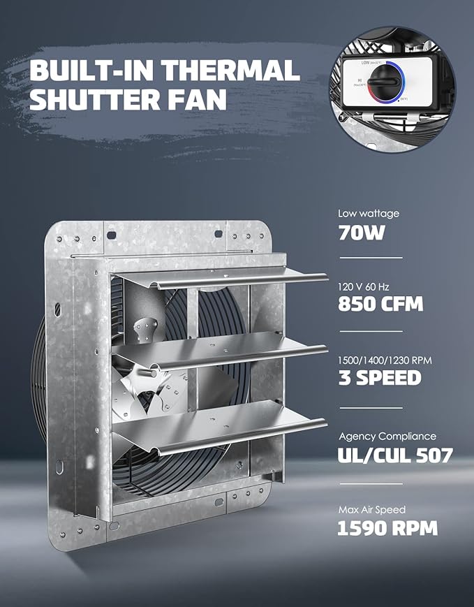 iLiving ILG8SF10V-T, 10 inch Shutter Exhaust Attic Garage Grow, Ventilation Fan with 3 Speed Thermostat 6 Foot Long 3 Plugs Cord, 10" - Variable, 600 CFM, 900 SQF Coverage Area, Silver - Image 4