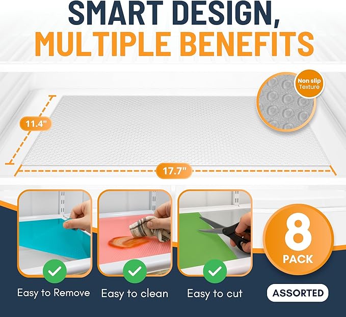 Refrigerator Liners for Shelves (8 Pack) by Linda’s Essentials - Non-Adhesive Shelf or Drawer Liner, BPA-Free Fridge Mats for Kitchen & Cabinets, Easy to Clean, Ideal Household Essentials(Multi Color) - Image 2