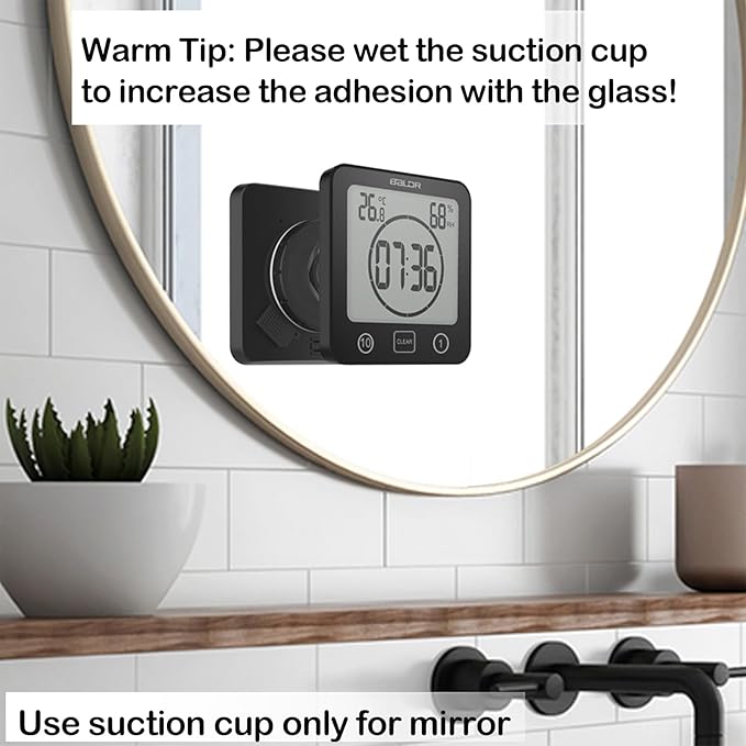 Waterproof Bathroom Wall Clock and Timer, Digital Water Resistant Hanging Timer for Shower, Large Display Kitchen Cooking Countdown Timers, Mirror Suction Clock with Temperature Humidity Meter (Black) - Image 2