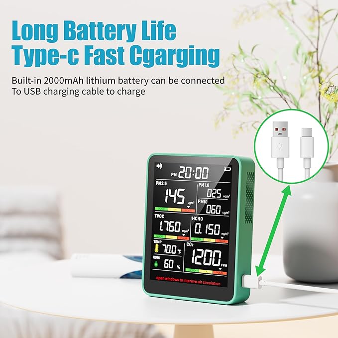XOOPON 13-in-1 Indoor Air Quality Monitor with PM1.0/2.5/10, CO2, HCHO, TVOC, Temp, Humidity & Time, 4 Alarm Modes, Portable Air Quality Tester for Home, Office, Car, Wall-Mount or Desktop Use - Image 4