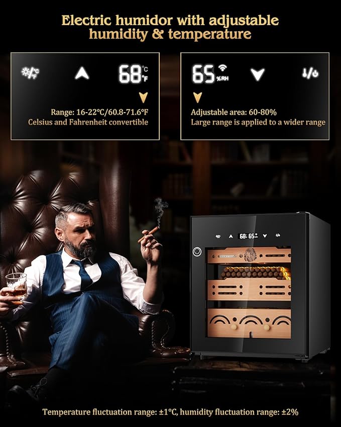 Electric Cigar Humidor Cabinet with Temperature & Humidity Control System, 50L Cooling Cigar Fridge up to 300 Counts, Cedar Wood Shelves,Digital LED Screen,Fingerprint Safety Lock,Gift for Men - Image 2