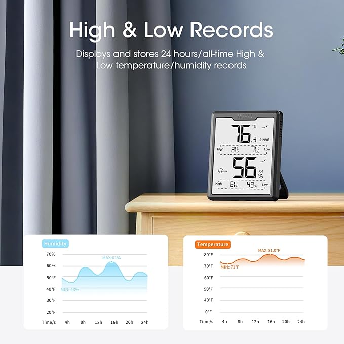DOQAUS Upgraded Digital Hygrometer Room Thermometer Indoor, Humidity Meter with Large LCD Display, Temperature Humidity Monitor with Max Min Records, Black - Image 6