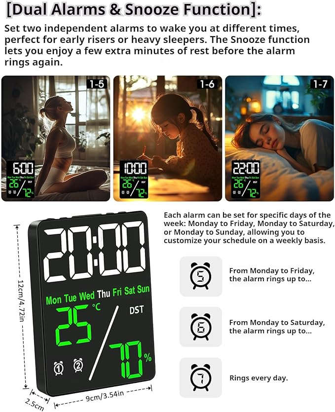 Digital LED Alarm Clock with Thermo-Hygrometer,Dual Alarms,Snooze,Date & Year Display,12/24 Hour Switch,Weekdays,DST,Auto Dimmable with 3 Brightness Levels,USB Output (5V1A) (White+Green Digits) - Image 2